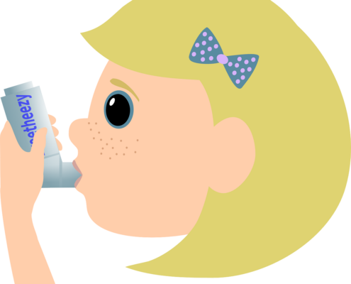 A cartoon rendering of a girl using an inhaler.